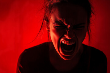 Anger. Background dark red. A person with very angry expression, generated AI