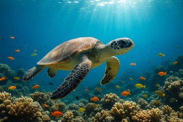 Sea turtle swimming calmly above coral reef with colorful tropical fish under sunlight in clear blue ocean background. Ai generative. Ai generative
