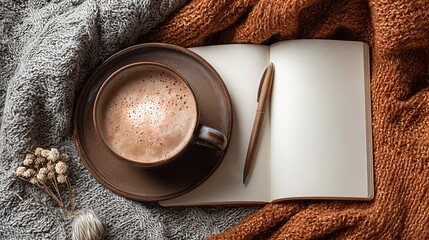 Cozy flat lay of a cappuccino with heart-shaped foam placed on an open notebook with a pen, surrounded by a warm knitted blanket, symbolizing comfort, inspiration, and National Cappuccino Day. Image c