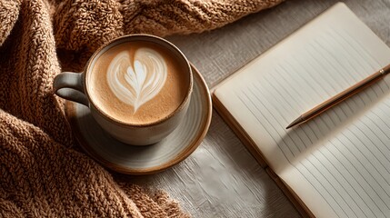 Cozy flat lay of a cappuccino with heart-shaped foam placed on an open notebook with a pen, surrounded by a warm knitted blanket, symbolizing comfort, inspiration, and National Cappuccino Day. Image c