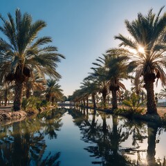 Palm trees reflected in calm water under a sunny sky
