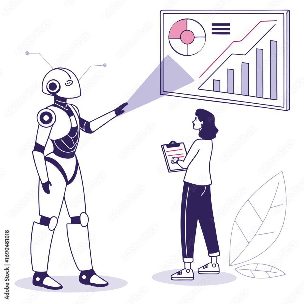 Aufkleber vector art of robot presenting data analysis to a woman, showcasing artificial intelligence and huma