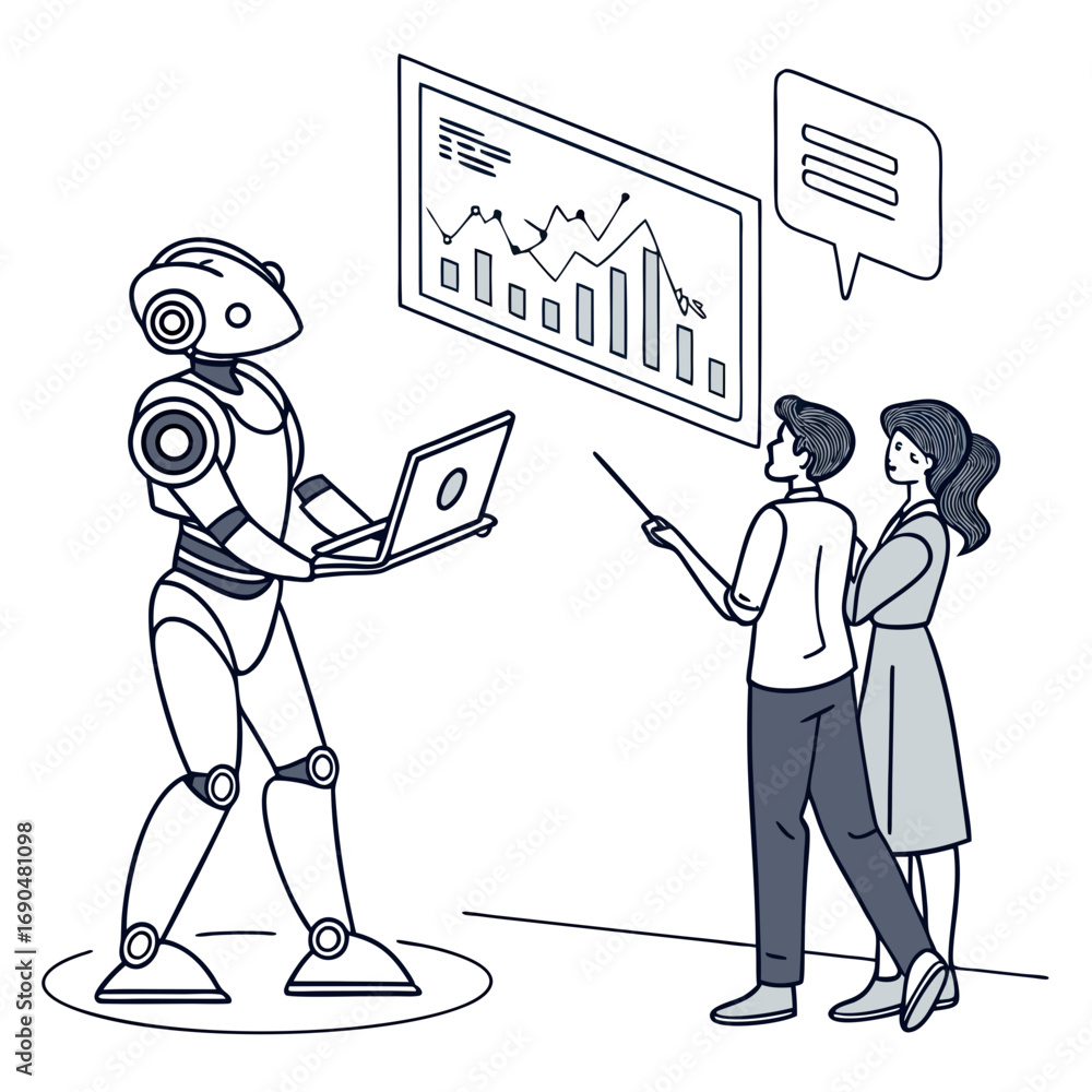Fototapete vector art of a humanoid robot presents data to a team of professionals, highlighting the use of ai 