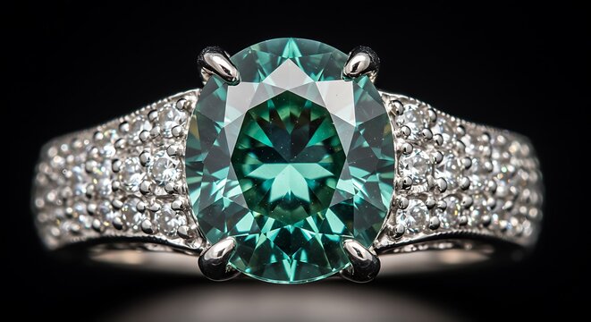 Close up of a platinum ring with a large oval cut green gemstone and diamond accents on the band