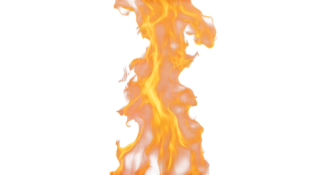 A vertical column of bright orange and yellow fire isolated on a transparent background
