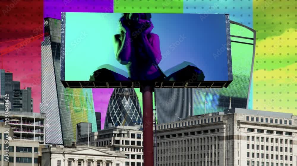 Poster city with overlayed code and data and billboard with disco dancer