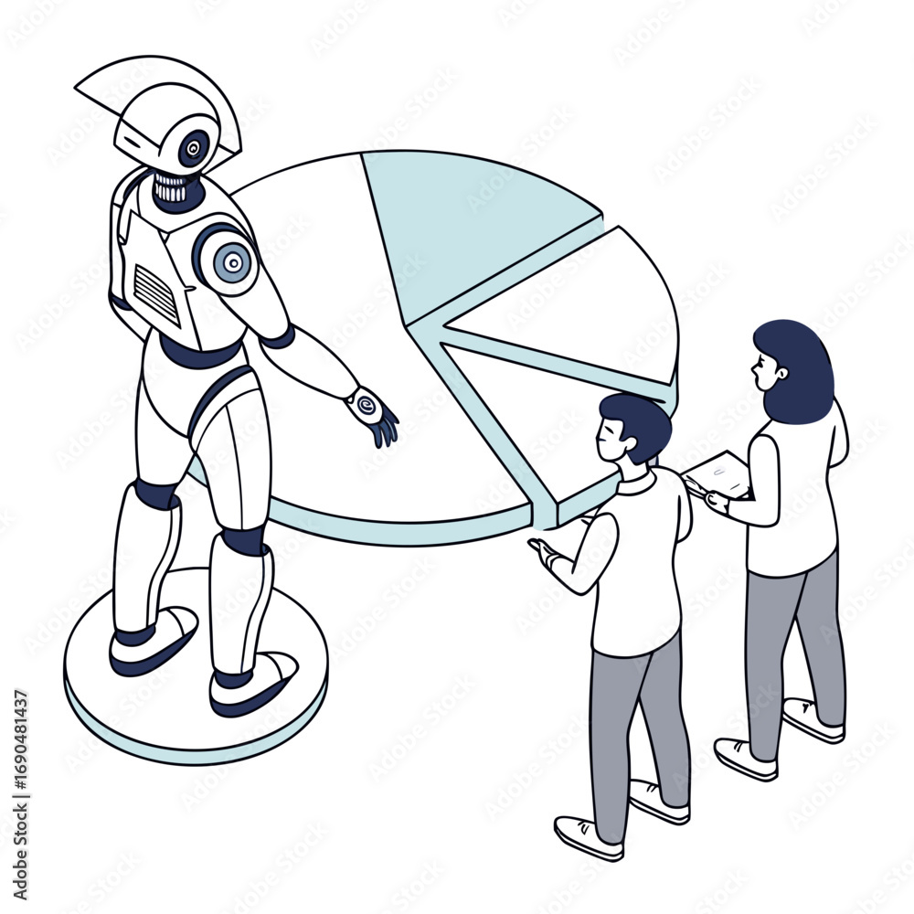 Poster vector art of a robot presents data to two people, highlighting the collaboration between humans and