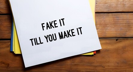 Paper on wood desk with text written Fake It Till You Make It , act the way into new habits until that behavior will become more of a habit and begin to come more easily