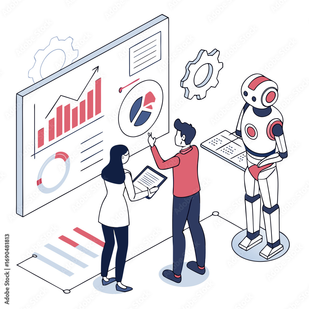 Aufkleber vector art of isometric illustration of a robot presenting data to a team of business people, showca