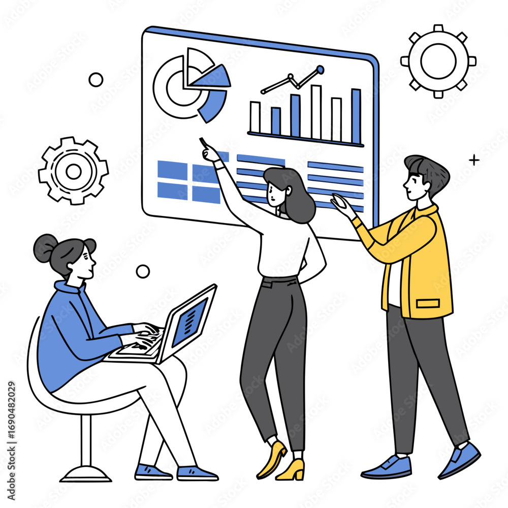 Poster vector art of team of business professionals analyzing data on a screen, using laptops and pointing 