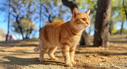 Ginger tabby cat standing on a dirt ground outdoors