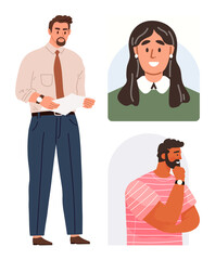 Male professional reading document, woman smiling in green top, pensive man with striped shirt. Ideal for teamwork, communication, decision-making, diversity, workplace, leadership simple flat