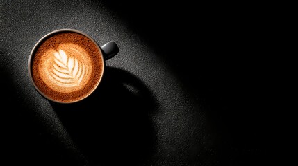 Stylish photo of a cappuccino cup with beautiful latte art, highlighted dramatically against a dark background. Perfect for celebrating National Cappuccino Day. Image created by AI.