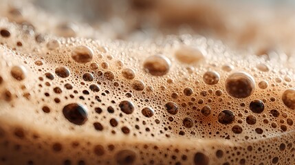 Extreme close-up of frothy bubbles on top of a cappuccino coffee, highlighting texture and detail. Perfect for celebrating National Cappuccino Day. Image created by AI.