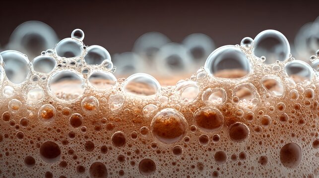 Extreme close-up of frothy bubbles on top of a cappuccino coffee, highlighting texture and detail. Perfect for celebrating National Cappuccino Day. Image created by AI.