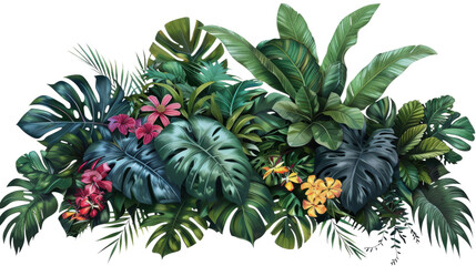 Fototapeta premium Lush Tropical Foliage with Vibrant Leaves and Bright Exotic Flowers, PNG, isolated on transparent background
