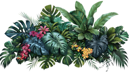 Lush Tropical Foliage with Vibrant Leaves and Bright Exotic Flowers, PNG, isolated on transparent background