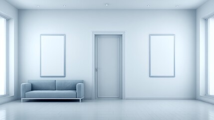 A minimalist interior showcases a light blue sofa positioned against a pale wall, flanked by two empty framed rectangles and a central doorway, evoking a sense of calm and spaciousness.