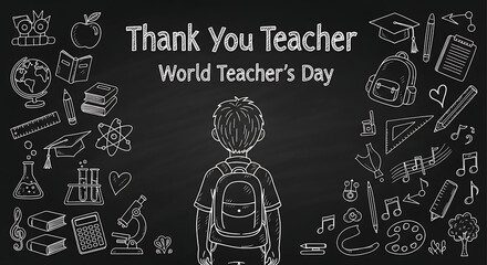 A chalkboard-style collage with a student backpack, books, and icons surrounding the message “Thank You Teacher World Teacher’s Day.”