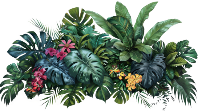 Lush Tropical Foliage with Vibrant Leaves and Bright Exotic Flowers, PNG, isolated on transparent background