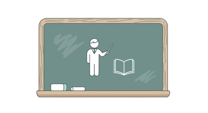 Cartoon illustration of a green chalkboard featuring a teacher icon and an open book.