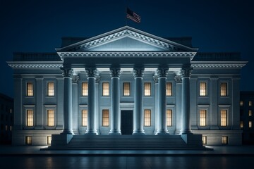 Obraz premium Majestic neoclassical government building with glowing windows and dramatic lighting at night under a clear dark sky, symbolizing authority and power. Ai generative