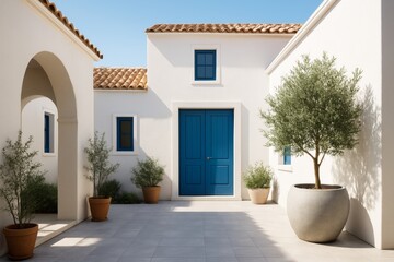 Mediterranean-style courtyard with whitewashed walls, blue doors and potted olive trees under clear blue sky in bright daylight concept. Ai generative