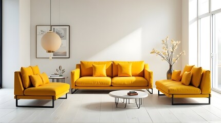Brighten your home with modern yellow sofa and chairs in sunlit living room interior design