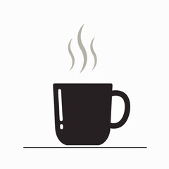 A minimalist black mug filled with a steaming hot beverage, exuding warmth and comfort, presented as a clean graphic icon.