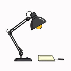 A modern black desk lamp with a bright yellow bulb illuminates a stack of important papers and a pen, symbolizing focused work and study.