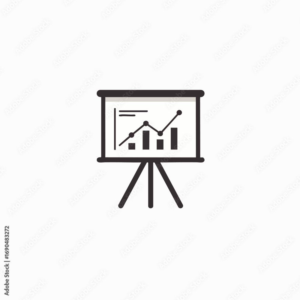 Poster a minimalist icon depicts a presentation board on a tripod, showcasing a dynamic bar and line graph 