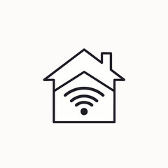 A clean line art icon shows a smart home with integrated Wi-Fi connectivity, symbolizing advanced digital technology and seamless internet access.