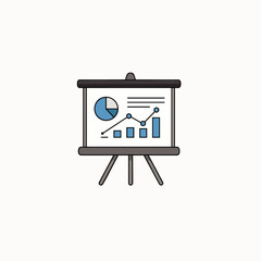 This crisp vector illustration depicts a presentation screen on a stand, showcasing a pie graph, line diagram, and bar chart, ideal for business data analysis.