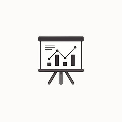 This minimalist flat design icon depicts a professional presentation board displaying a dynamic statistical graph, symbolizing business growth, financial analysis, and strategic data visualization.
