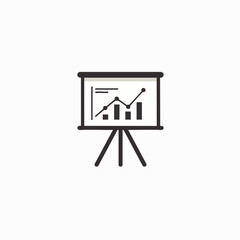 A minimalist icon depicts a presentation board on a tripod, showcasing a dynamic bar and line graph to illustrate business growth and data analysis.