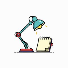 A vibrant cartoon illustration depicts a modern desk lamp casting a warm glow onto an open notepad, symbolizing study, creativity, and focused work.