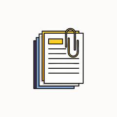A clear vector illustration shows a neat stack of documents, securely attached with a golden paperclip, symbolizing efficient office organization and important file management.