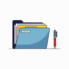 A neatly organized blue document folder filled with important papers stands beside a vibrant red pen, symbolizing efficient office work and digital data management.