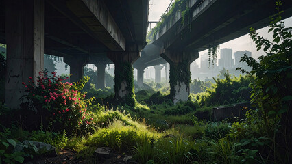 Obraz premium Moody photo of abandoned concrete overpass with vines and flowering bush in foggy cityscape