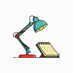 A vibrant teal desk lamp illuminates an open spiral notebook, symbolizing focused study, creative thinking, and the pursuit of knowledge in a clean, modern illustration.