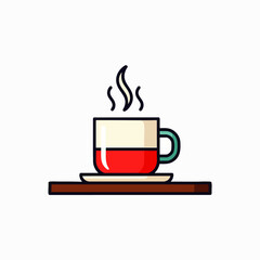 A minimalist flat design illustration of a steaming hot beverage in a stylish cup with a saucer, perfect for conveying warmth and comfort.