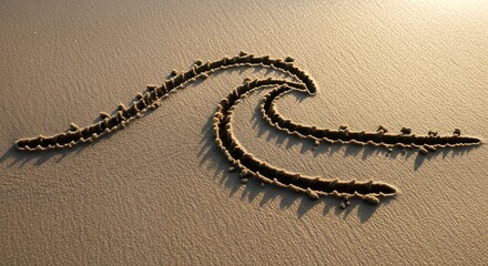 Stylized Crescent Moon Drawn in Sand on Beach at Sunset