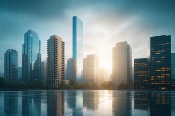 Fototapeta premium Modern city skyline with tall buildings at sunset during rain, reflecting on wet surface in an urban open square. Ai generative.