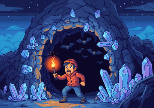 Pixel art adventurer exploring dark cave with crystals holding torch