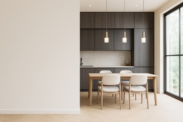 Contemporary dining room with blank wall and wooden furniture in modern minimalist kitchen interior for branding or mockup template design concept.