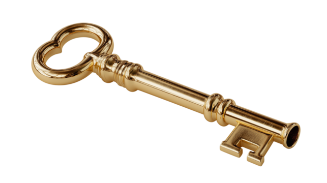 3D render of golden key isolated on transparent background - Powered by Adobe
