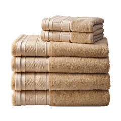Neatly stacked beige bath towels, isolated on white, conveying softness and
