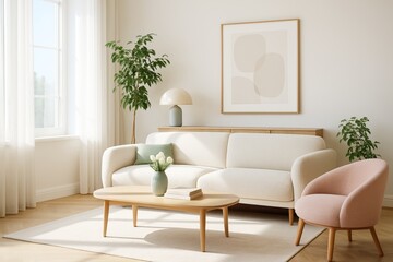 Minimalist living room interior with beige sofa, pastel pink armchair, wooden table, abstract wall art, natural light and indoor plants. Ai generative