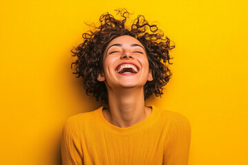 Person laughing in joy having happy face on yellow background, generated AI