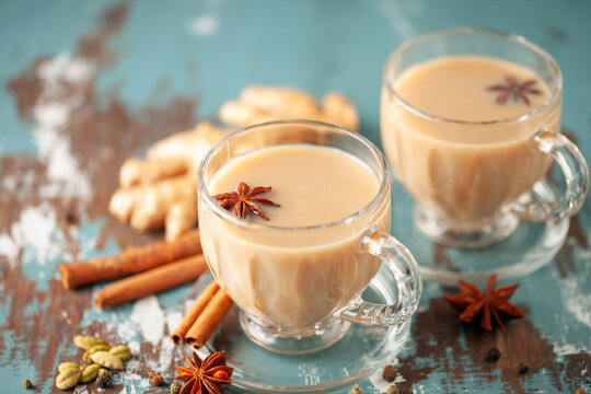 Traditional middle eastern beverage, indian drink masala tea or arabian karak chai. Closeup